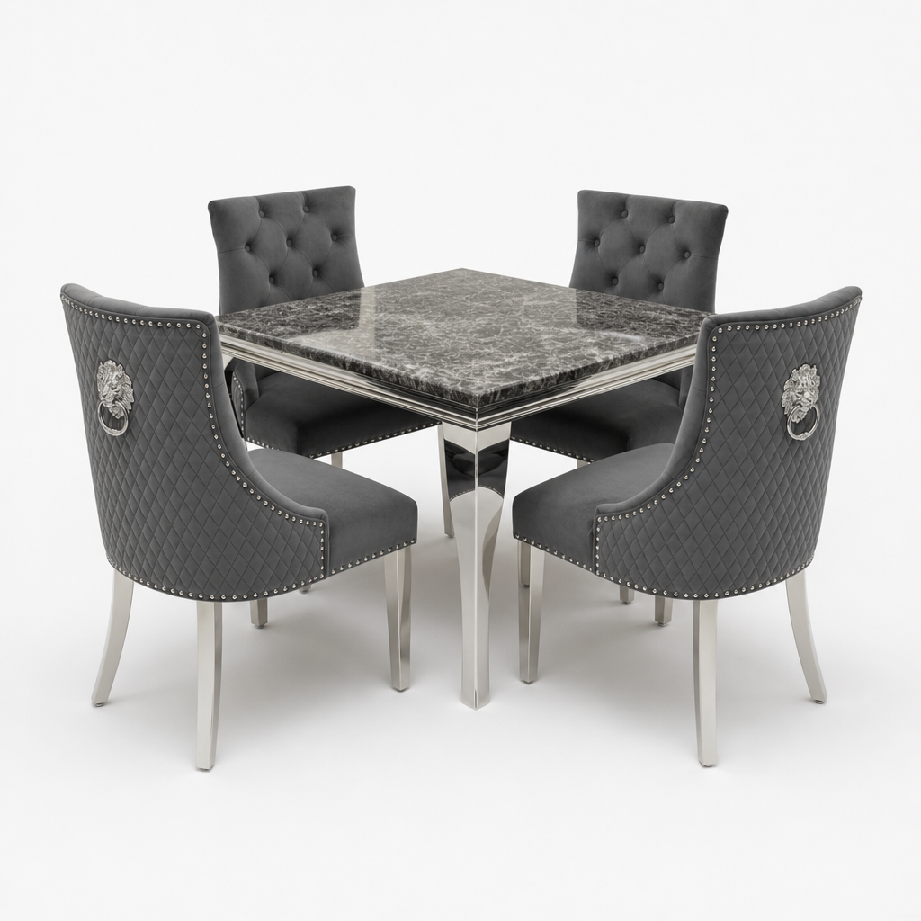 Louis Black Marble Square Dining Set with Majestic Dark Grey Velvet Chairs - studio
