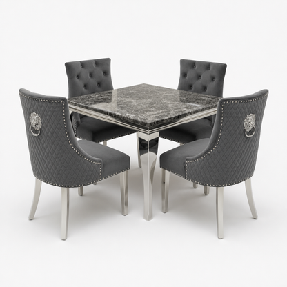 Louis Black Marble Square Dining Set with Majestic Dark Grey Velvet Chairs - studio