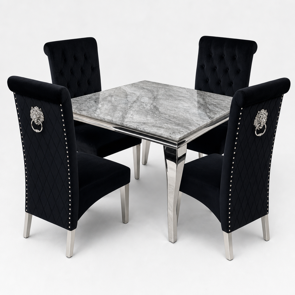 Louis Grey Marble Square Dining Set with Lucy Black Velvet Chairs