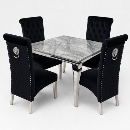 Louis Grey Marble Square Dining Set with Lucy Black Velvet Chairs