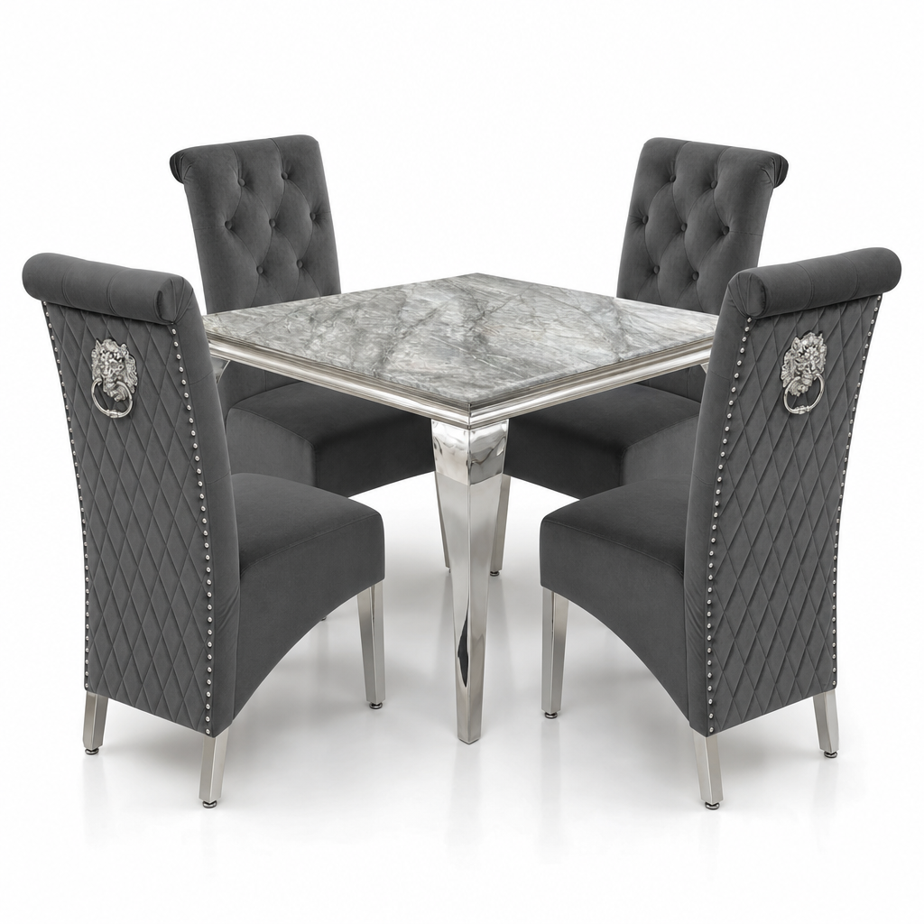 Louis Grey Marble Square Dining Set with Lucy Dark Grey Velvet Chairs