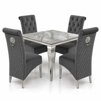 Louis Grey Marble Square Dining Set with Lucy Dark Grey Velvet Chairs