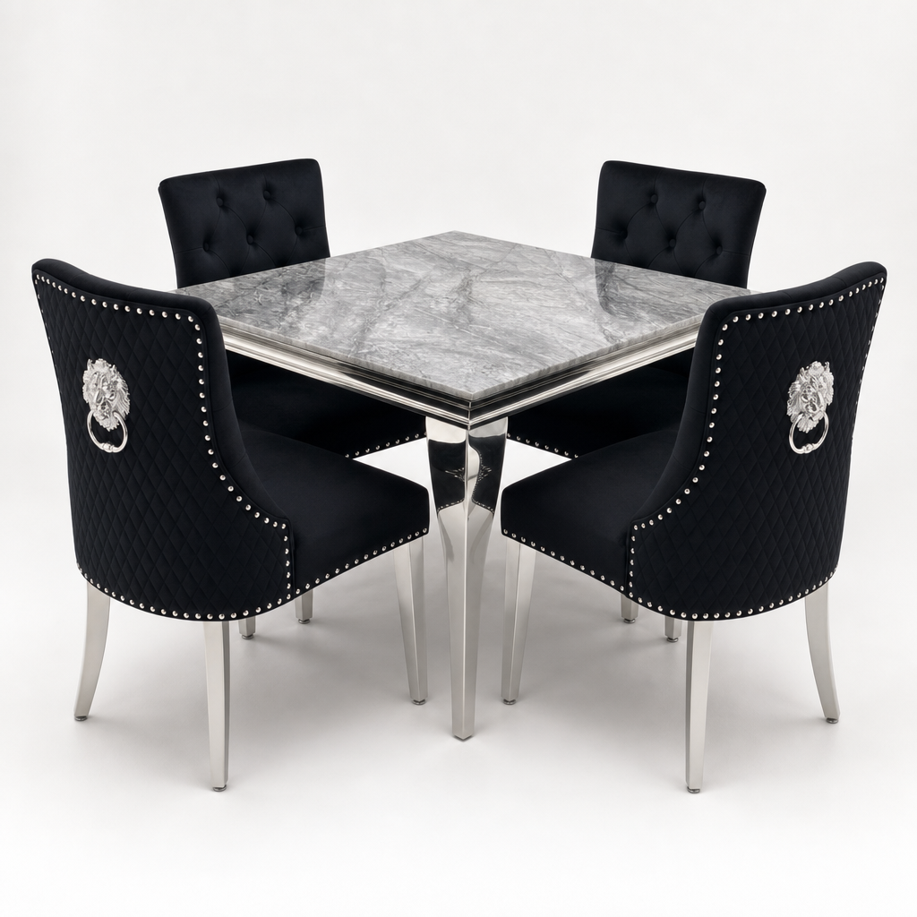 Louis Grey Marble Square Dining Set with Majestic Black Velvet Chairs