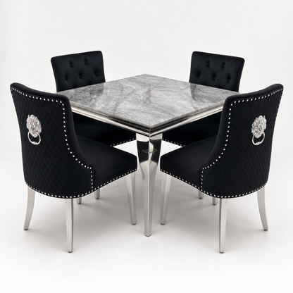 Louis Grey Marble Square Dining Set with Majestic Black Velvet Chairs