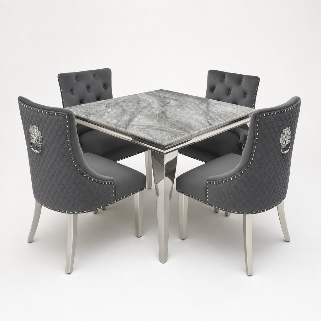 Louis Grey Marble Square Dining Set with Majestic Dark Grey Velvet Chairs