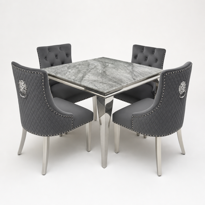Louis Grey Marble Square Dining Set with Majestic Dark Grey Velvet Chairs