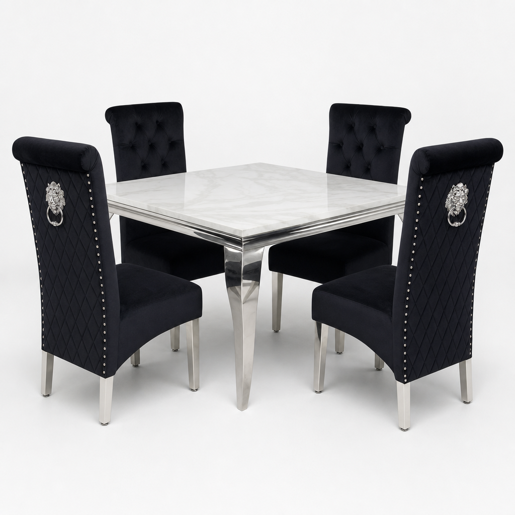 Louis White Marble Square Dining Set with Lucy Black Velvet Chairs