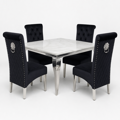 Louis White Marble Square Dining Set with Lucy Black Velvet Chairs