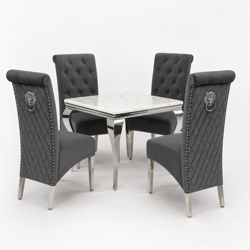 Louis White Marble Square Dining Set with Lucy Dark Grey Velvet Chairs