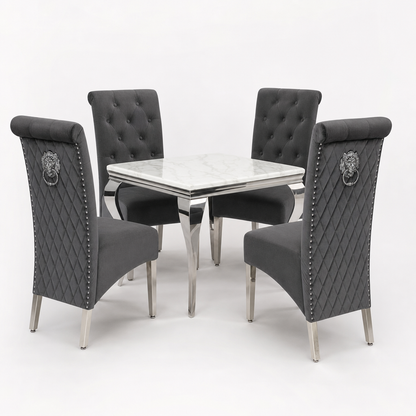 Louis White Marble Square Dining Set with Lucy Dark Grey Velvet Chairs