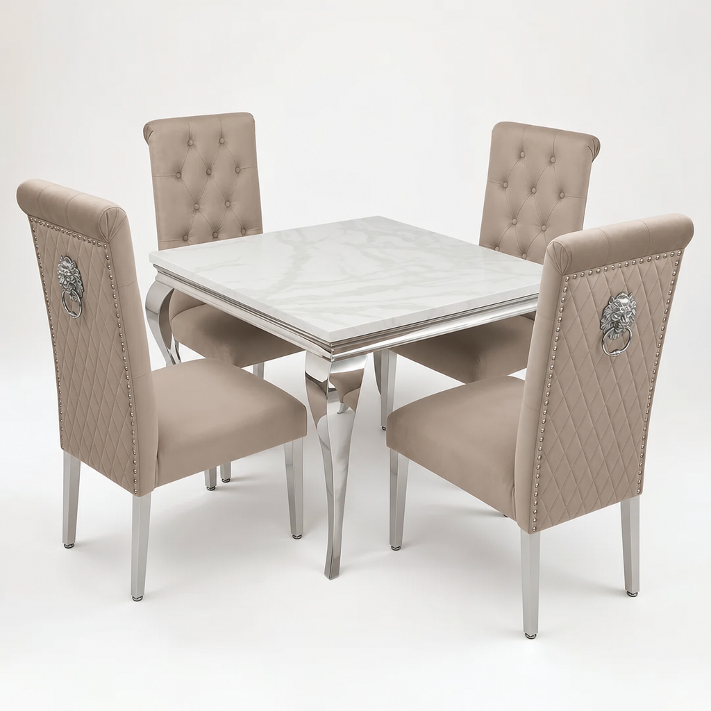 Louis White Marble Square Dining Set with Lucy Mink Velvet Chairs