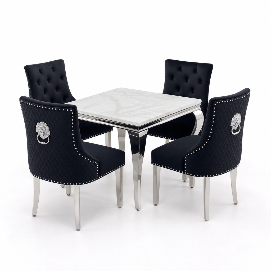 Louis White Marble Square Dining Set with Majestic Black Velvet Chairs