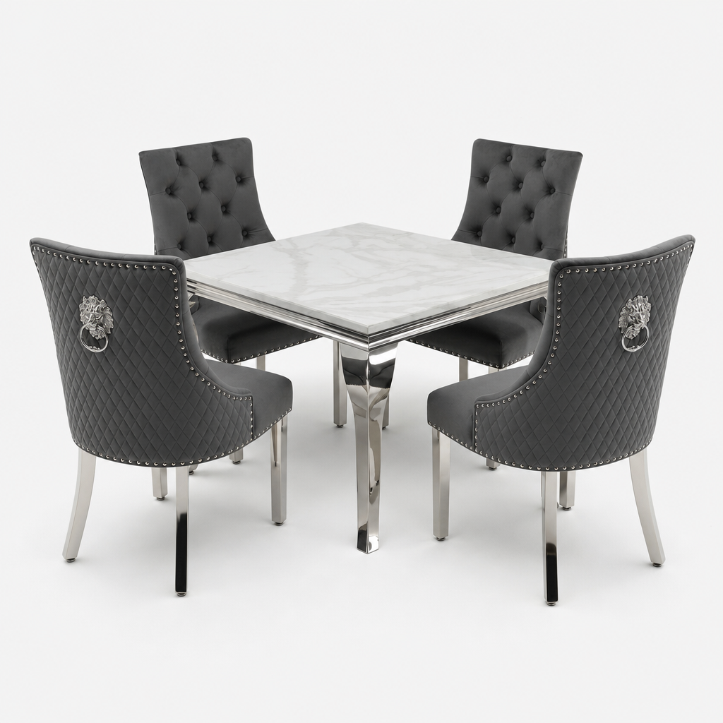 Louis White Marble Square Dining Set with Majestic Dark Grey Velvet Chairs