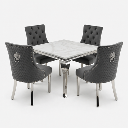 Louis White Marble Square Dining Set with Majestic Dark Grey Velvet Chairs