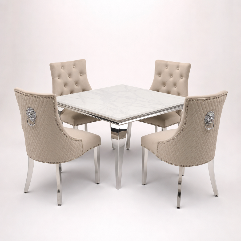 Louis White Marble Square Dining Set with Majestic Mink Velvet Chairs