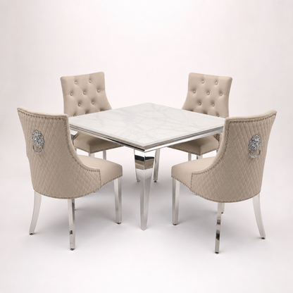 Louis White Marble Square Dining Set with Majestic Mink Velvet Chairs