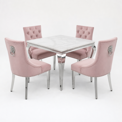 Louis White Marble Square Dining Set with Majestic Pink Velvet Chairs