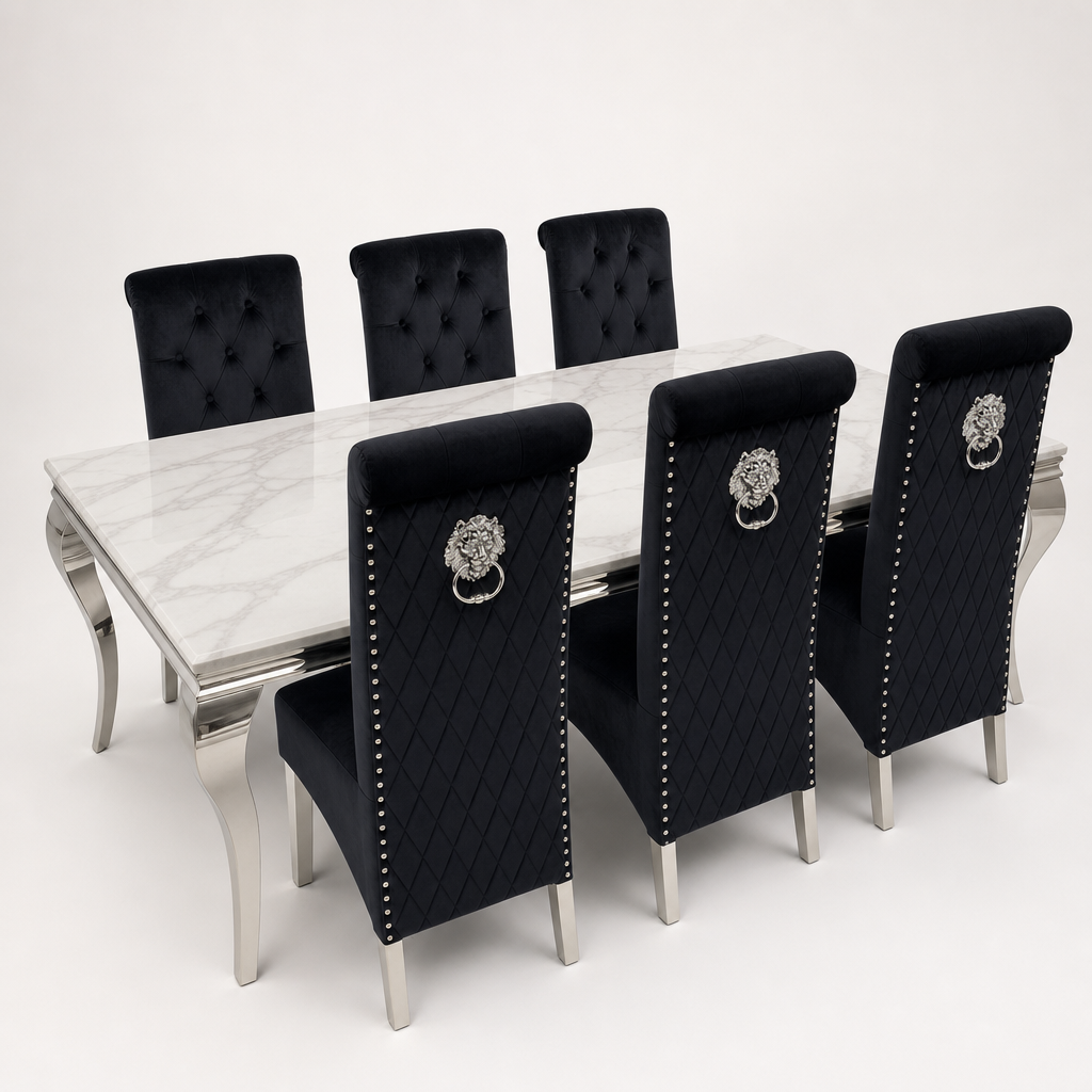 Louis White Marble Dining Set with Lucy Black Velvet Chairs