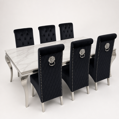 Louis White Marble Dining Set with Lucy Black Velvet Chairs