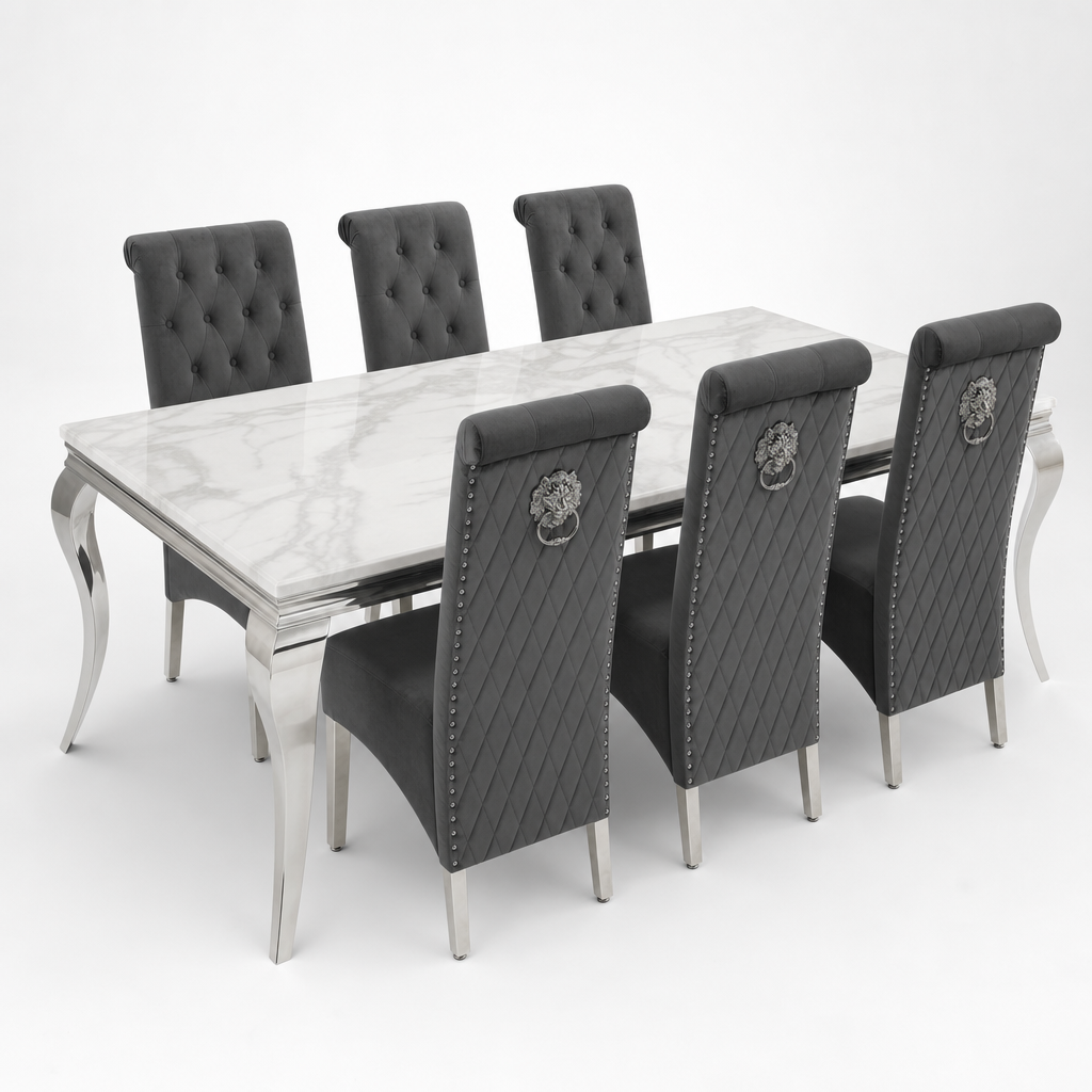 Louis White Marble Dining Set with Lucy Dark Grey Velvet Chairs
