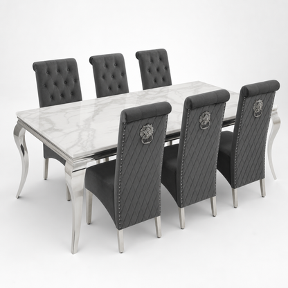 Louis White Marble Dining Set with Lucy Dark Grey Velvet Chairs