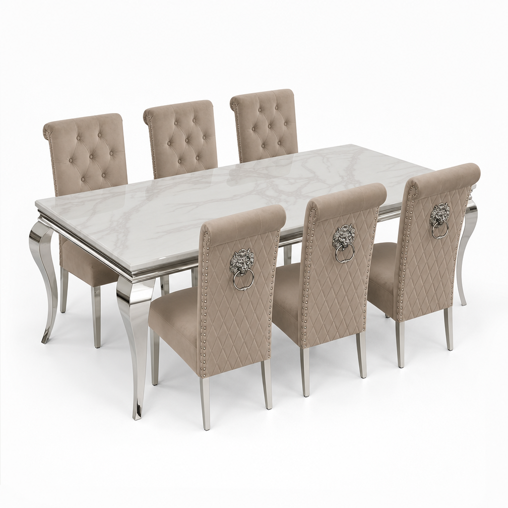Louis White Marble Dining Set with Lucy Mink Velvet Chairs