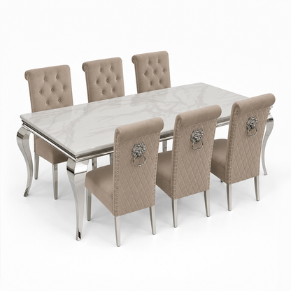 Louis White Marble Dining Set with Lucy Mink Velvet Chairs