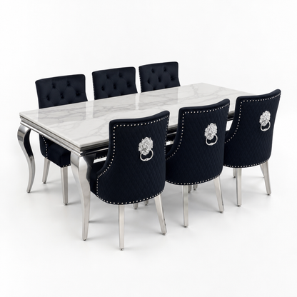 Louis White Marble Dining Set with Majestic Black Velvet Chairs - studio