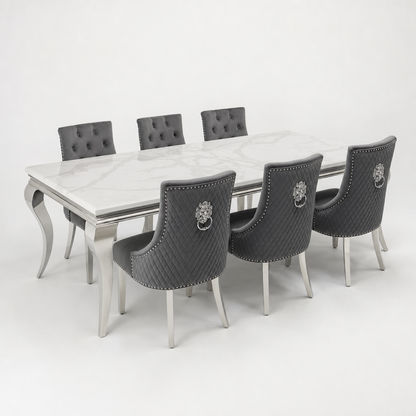 Louis White Marble Dining Set with Majestic Dark Grey Velvet Chairs - studio