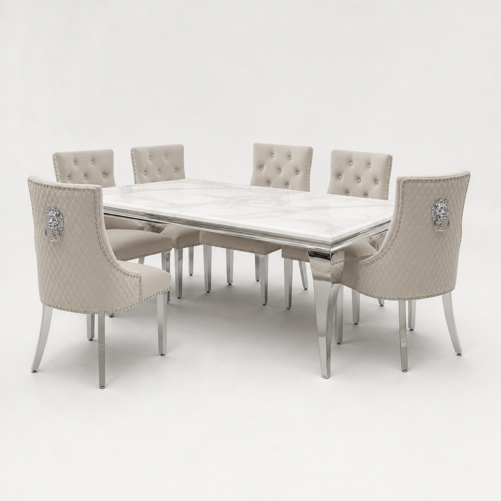 Louis White Marble Dining Set with Majestic Mink Velvet Chairs - studio