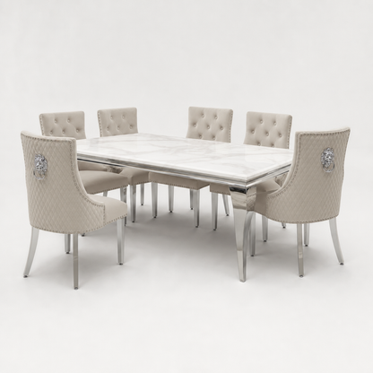 Louis White Marble Dining Set with Majestic Mink Velvet Chairs - studio