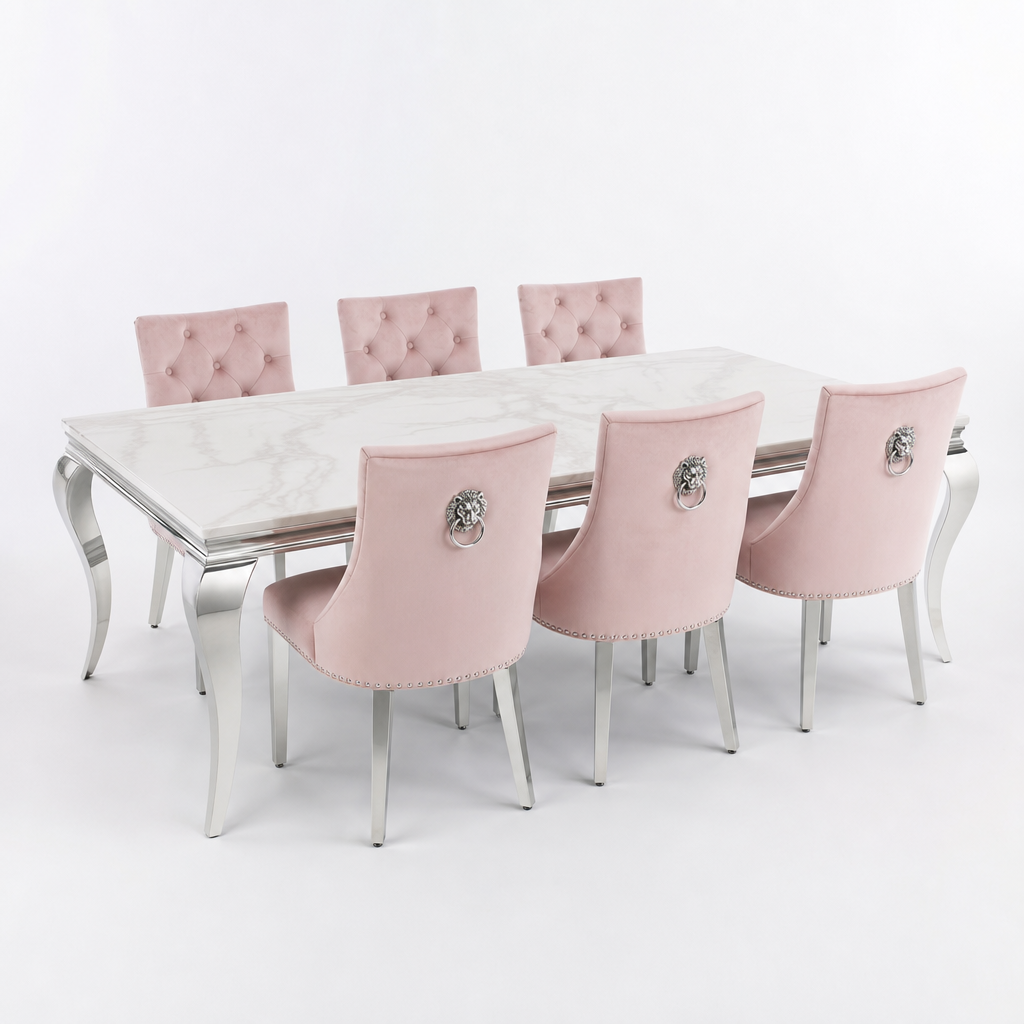 Louis White Marble Dining Set with Majestic Pink Velvet Chairs - studio