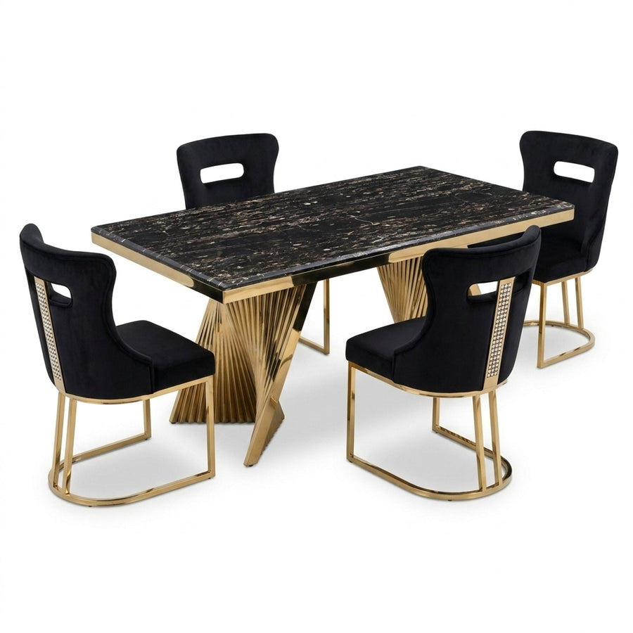 Rovello Black Marble Dining Set with Carpi Black Velvet Chairs