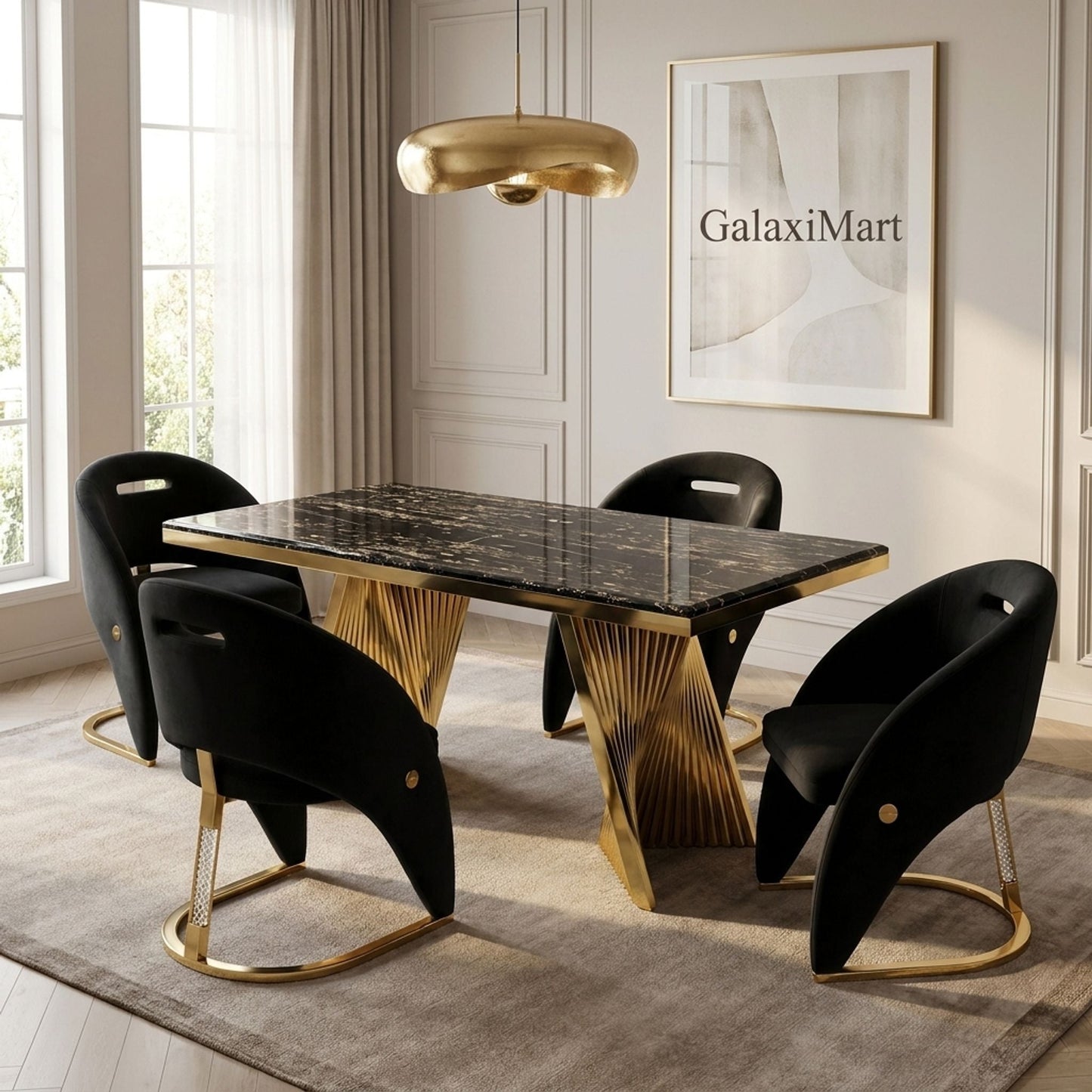 Rovello Black Marble 160cm Dining Set with Carpi Black Velvet Chairs