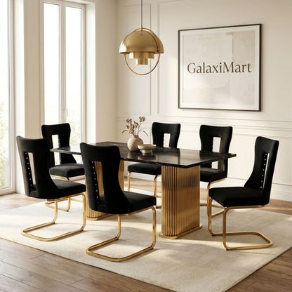 Rovello Black Marble 160cm Dining Set with Carpi Black Velvet Chairs