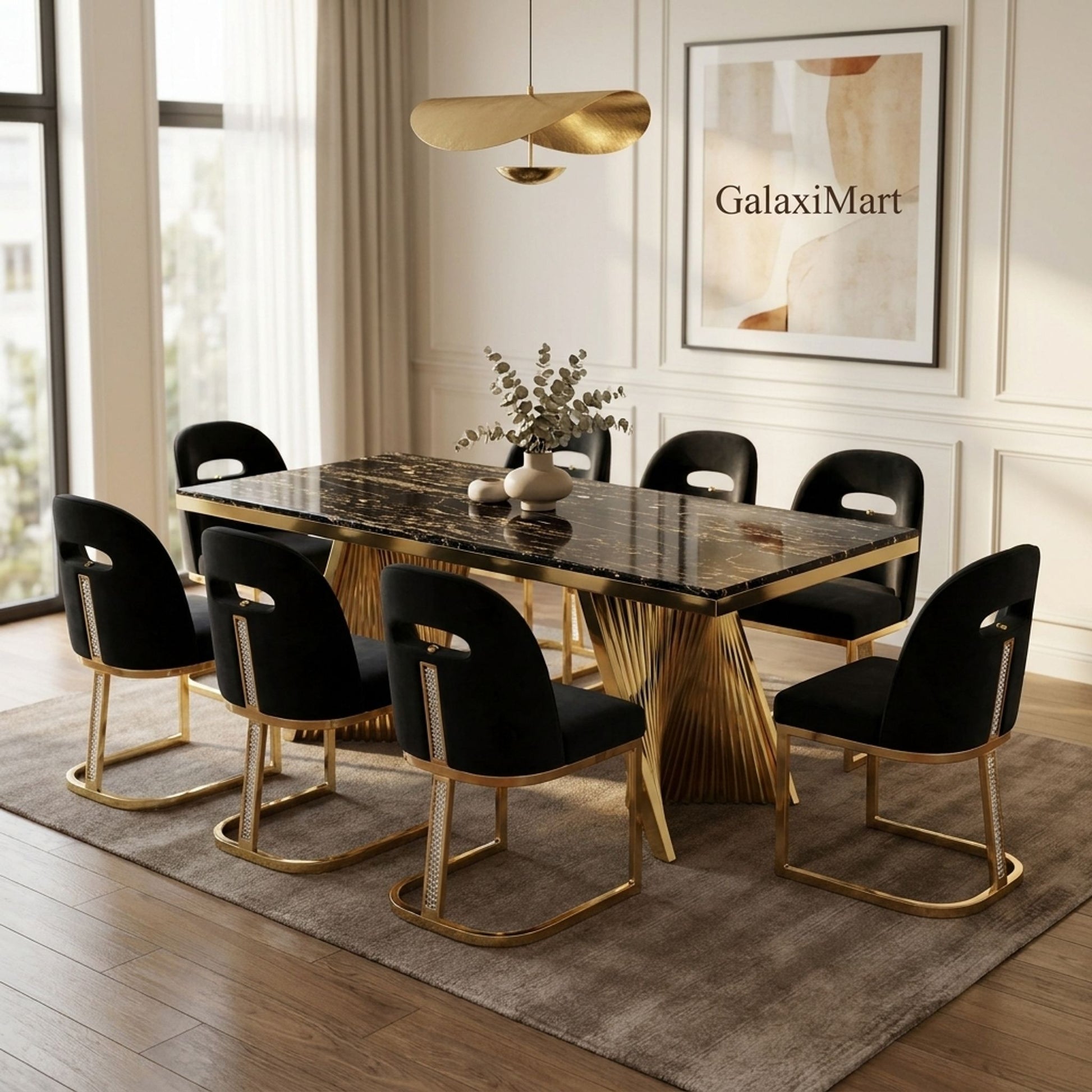 Rovello Black Marble Dining Set with Carpi Black Velvet Chairs, 180cm 8 chairs