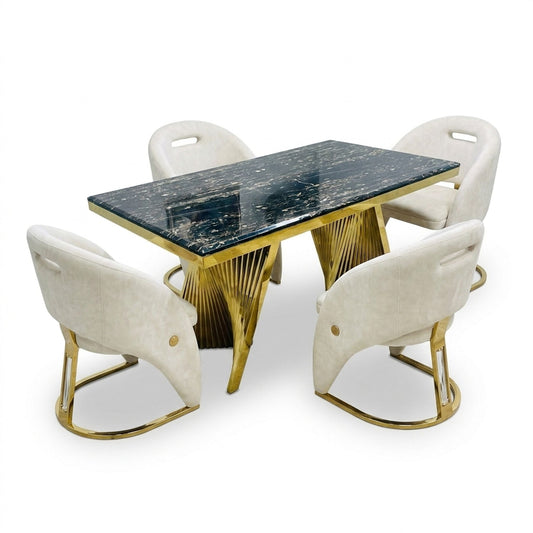 Rovello Black Marble 160cm Dining Set with Carpi Cream Velvet Chairs