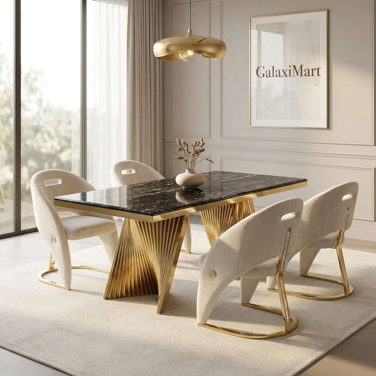 Rovello Black Marble 160cm Dining Set with Carpi Cream Velvet Chairs