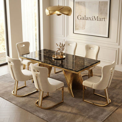 Rovello Black Marble 160cm Dining Set with Carpi Cream Velvet Chairs