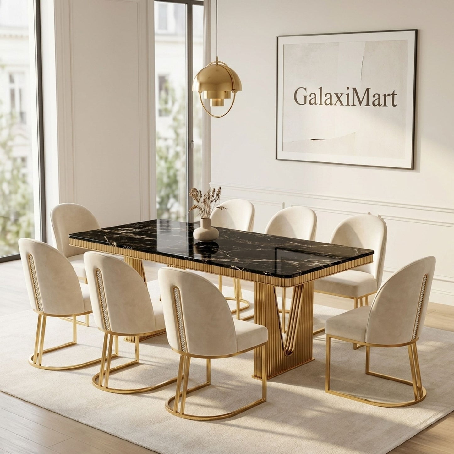 Rovello Black Marble Dining Set with Carpi Cream Velvet Chairs, 180cm 8 chairs