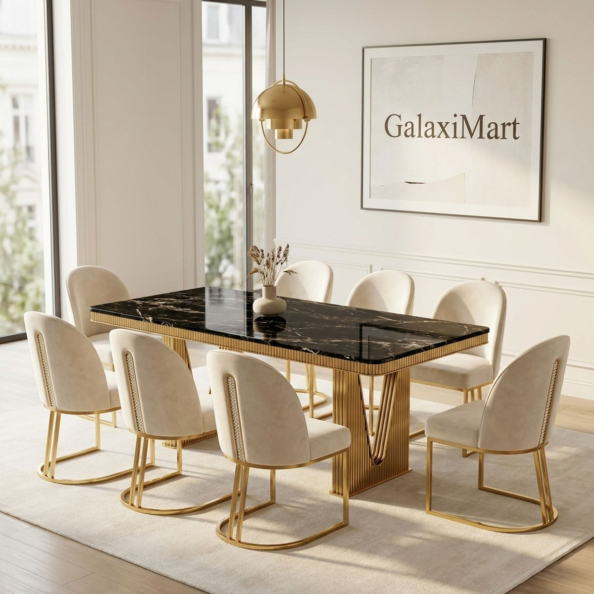 Rovello Black Marble Dining Set with Carpi Cream Velvet Chairs, 180cm 8 chairs
