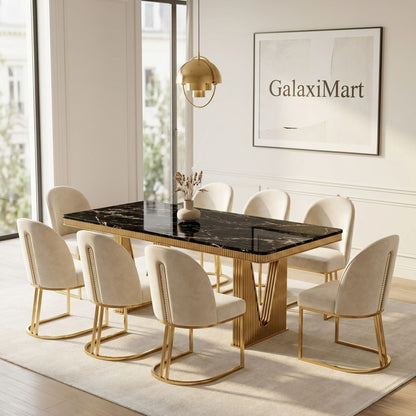 Rovello Black Marble Dining Set with Carpi Cream Velvet Chairs, 180cm 8 chairs