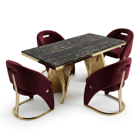 Rovello Black Marble 160cm Dining Set with Carpi Maroon Velvet Chairs