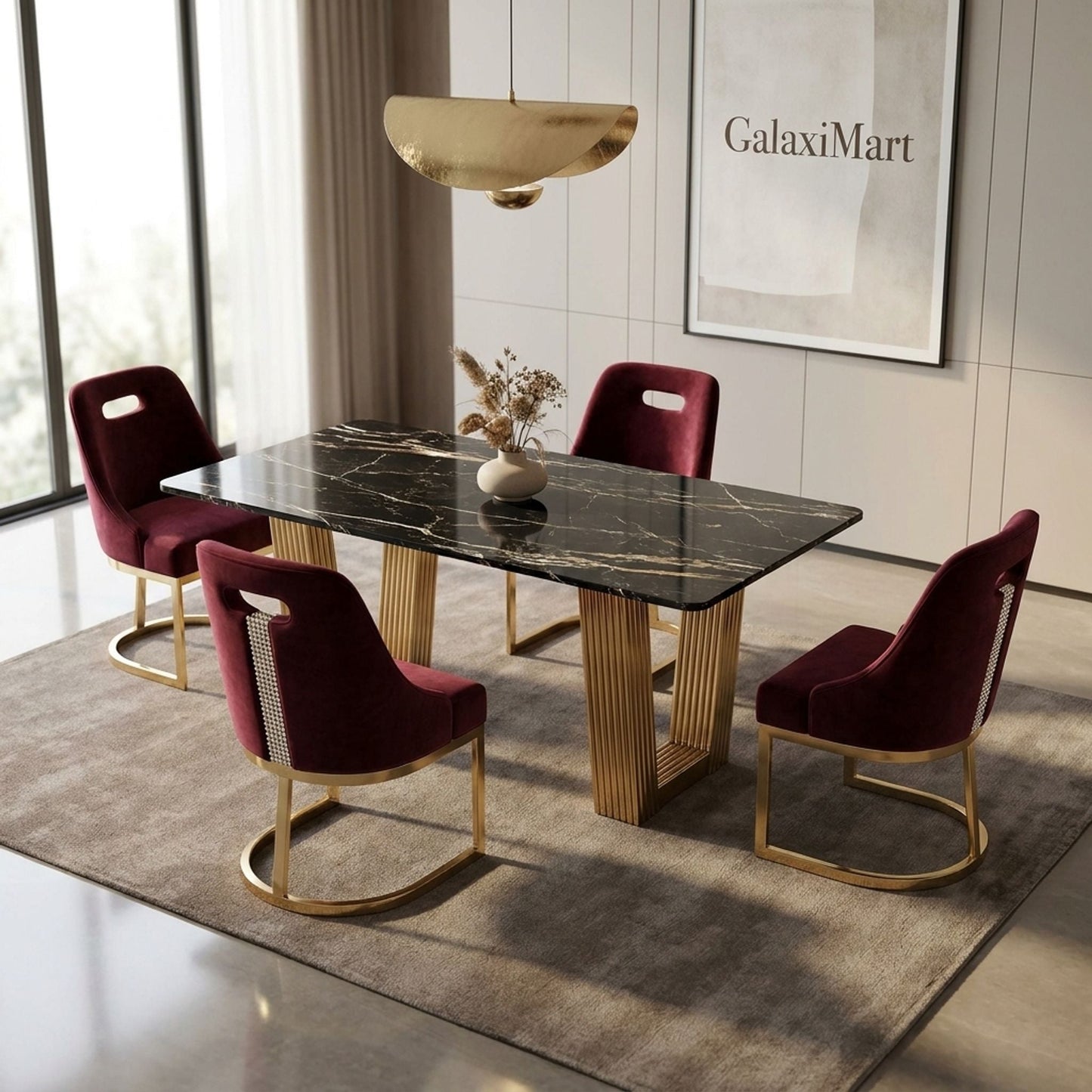 Rovello Black Marble 160cm Dining Set with Carpi Maroon Velvet Chairs