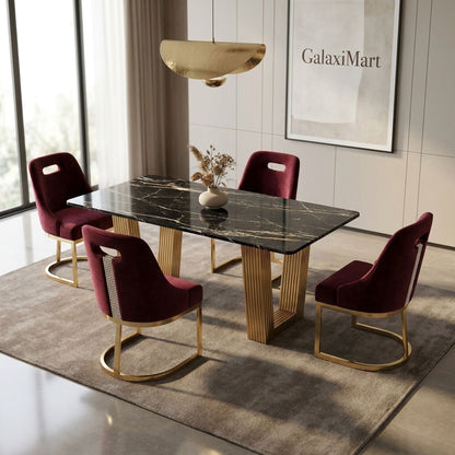 Rovello Black Marble 160cm Dining Set with Carpi Maroon Velvet Chairs