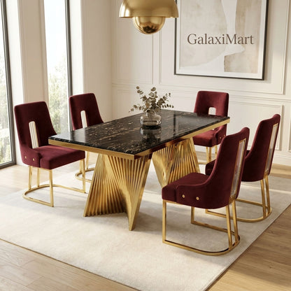 Rovello Black Marble 160cm Dining Set with Carpi Maroon Velvet Chairs