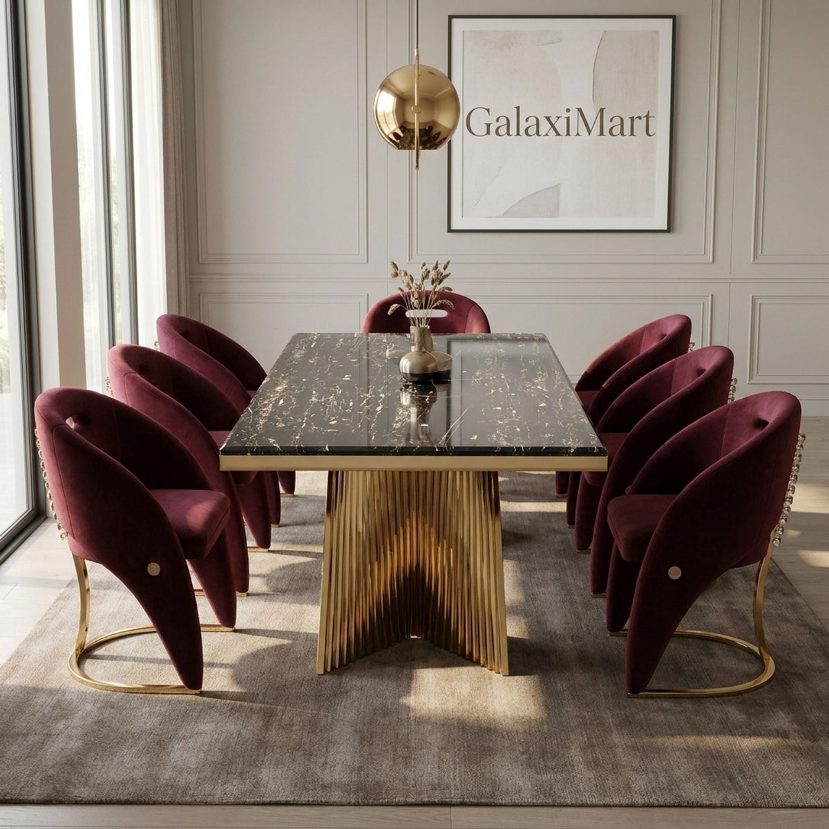 Rovello Black Marble Dining Set with Carpi Maroon Velvet Chairs, 180cm 8 chairs