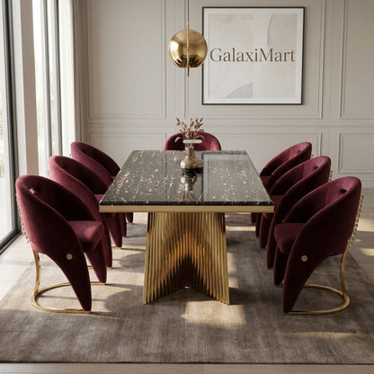 Rovello Black Marble Dining Set with Carpi Maroon Velvet Chairs, 180cm 8 chairs