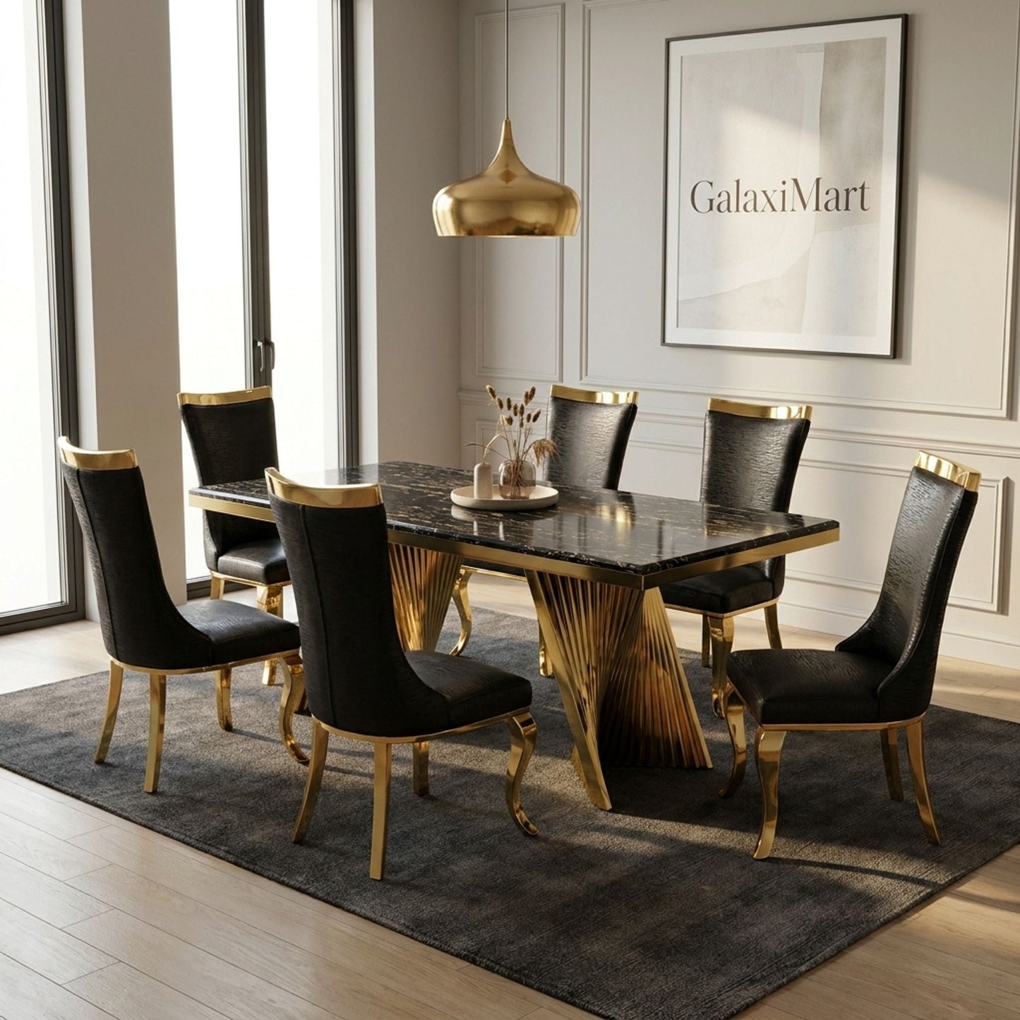 Rovello Black Marble 160cm Dining Set with Miami Black & Gold Chairs