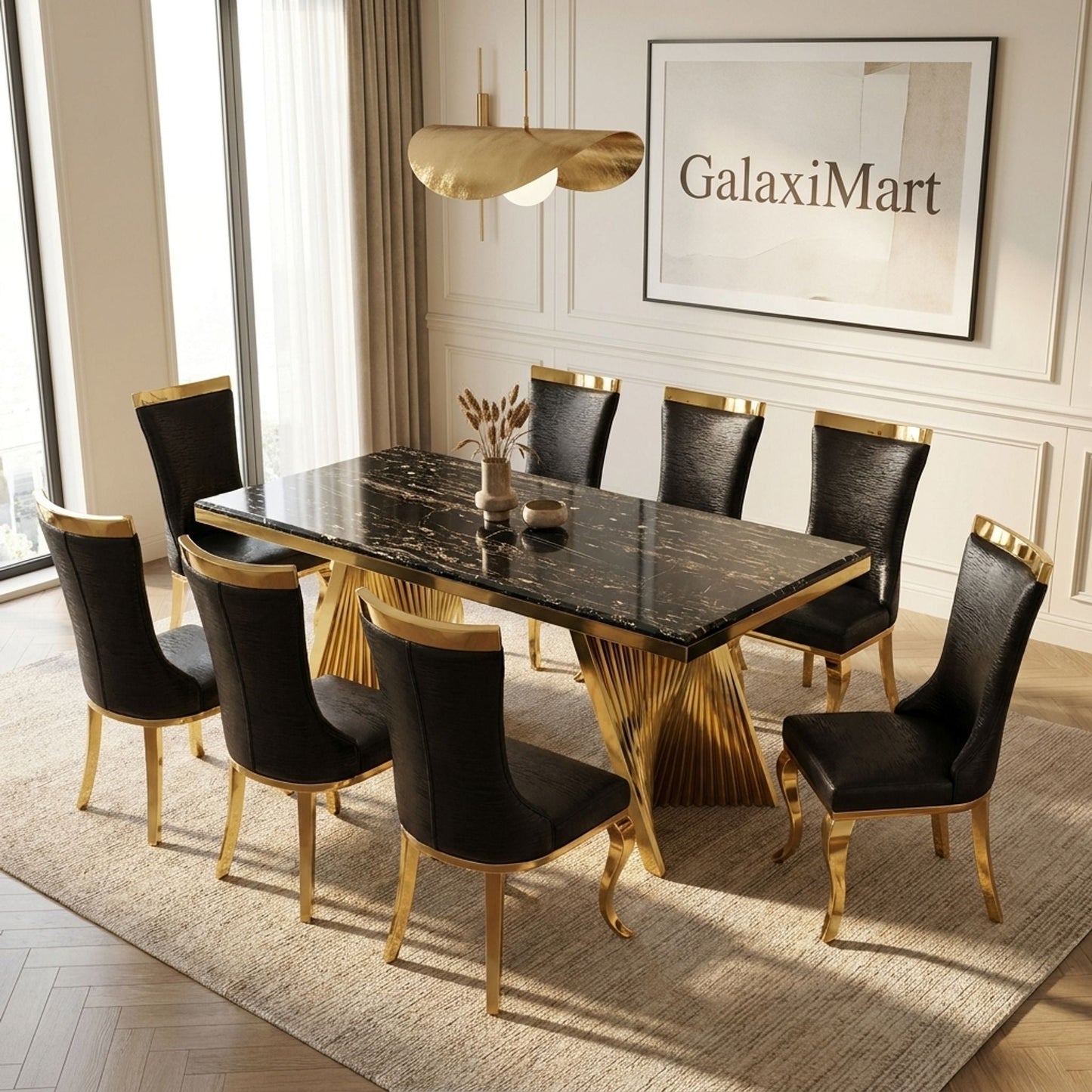 Rovello Black Marble Dining Set with Miami Black & Gold Chairs, 180cm 8 chairs
